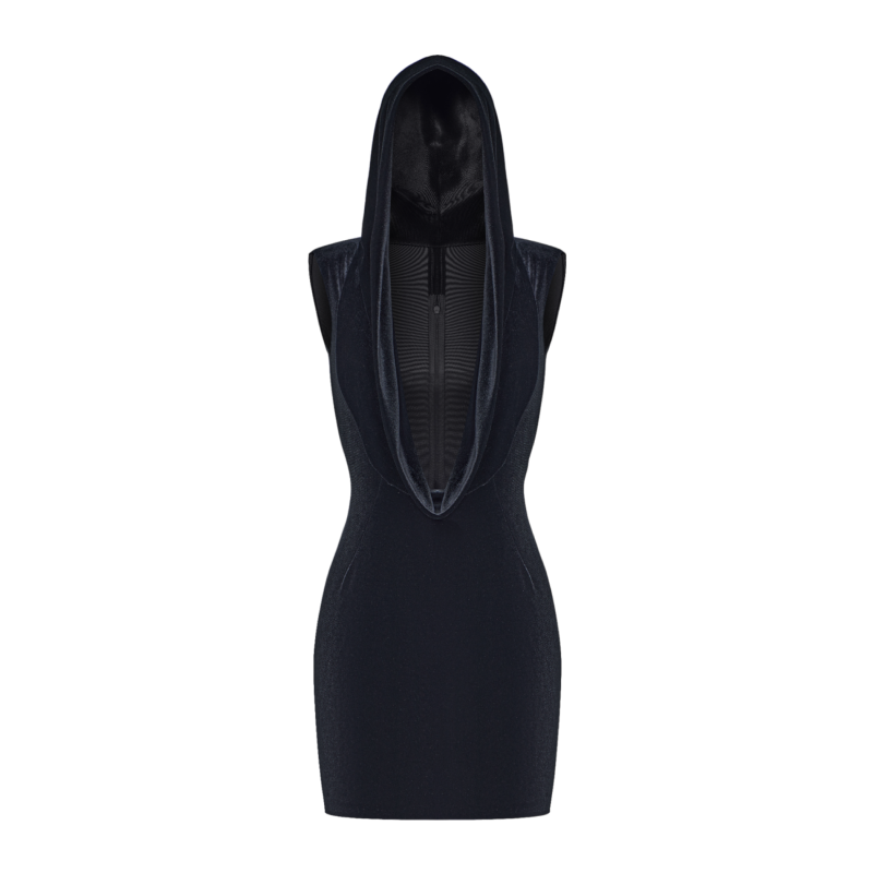 Velvet mini dress with hood and mesh