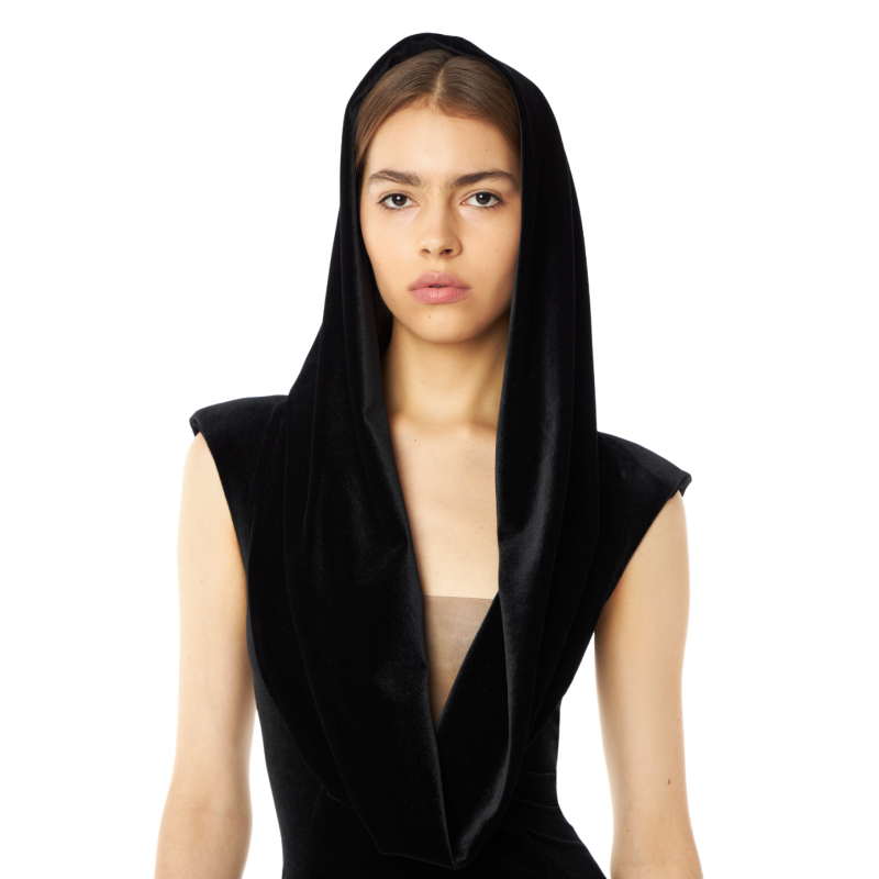 Velvet maxi dress with hood and mesh