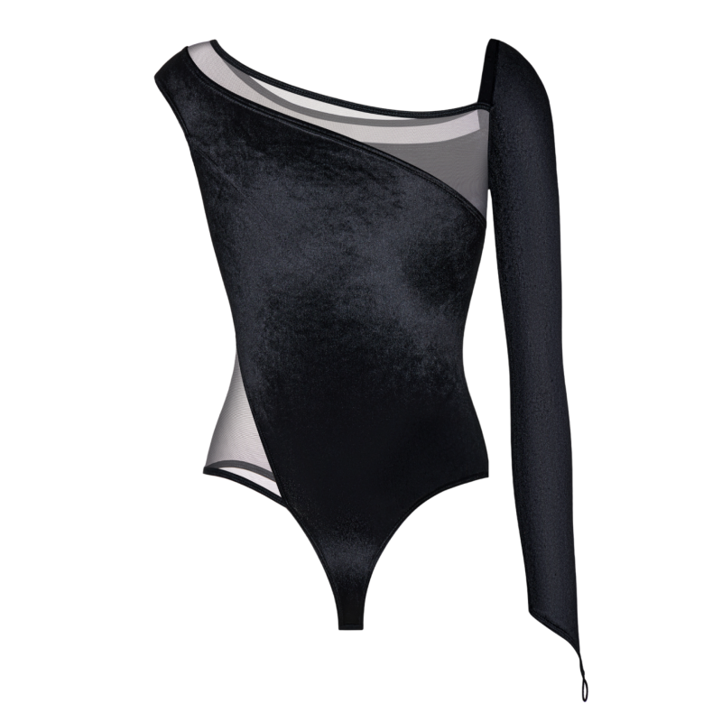 Bodysuit asymmetrical made of velvet and mesh