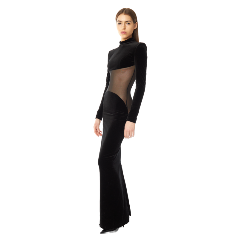Velvet and compression mesh maxi dress