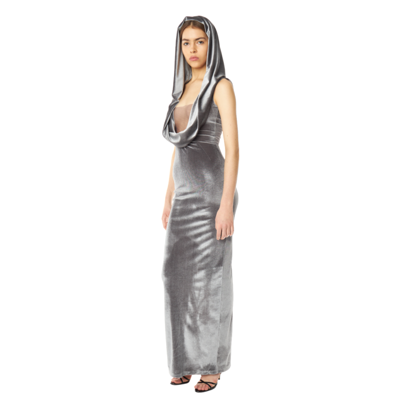 Velvet maxi dress with hood and mesh