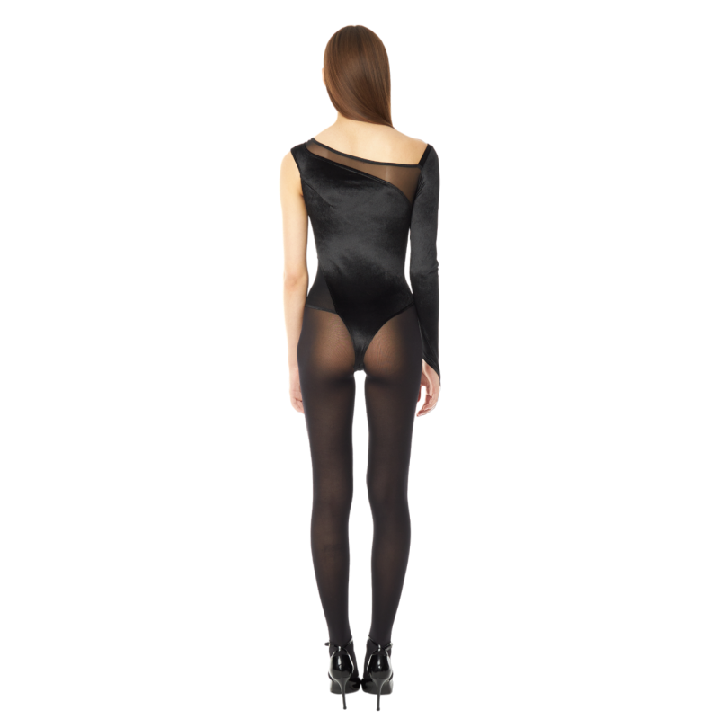 Bodysuit asymmetrical made of velvet and mesh